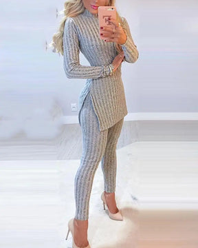 2021 Fall Winter Knitted 2 Piece Suits Women Long Sleeve Ribbed Slit Long Top and High Waist Pencil Pants Set Fashion Outfit