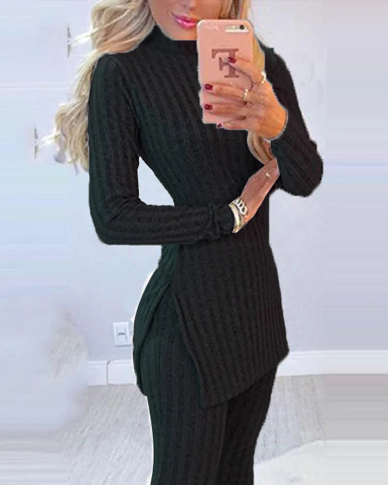 2021 Fall Winter Knitted 2 Piece Suits Women Long Sleeve Ribbed Slit Long Top and High Waist Pencil Pants Set Fashion Outfit