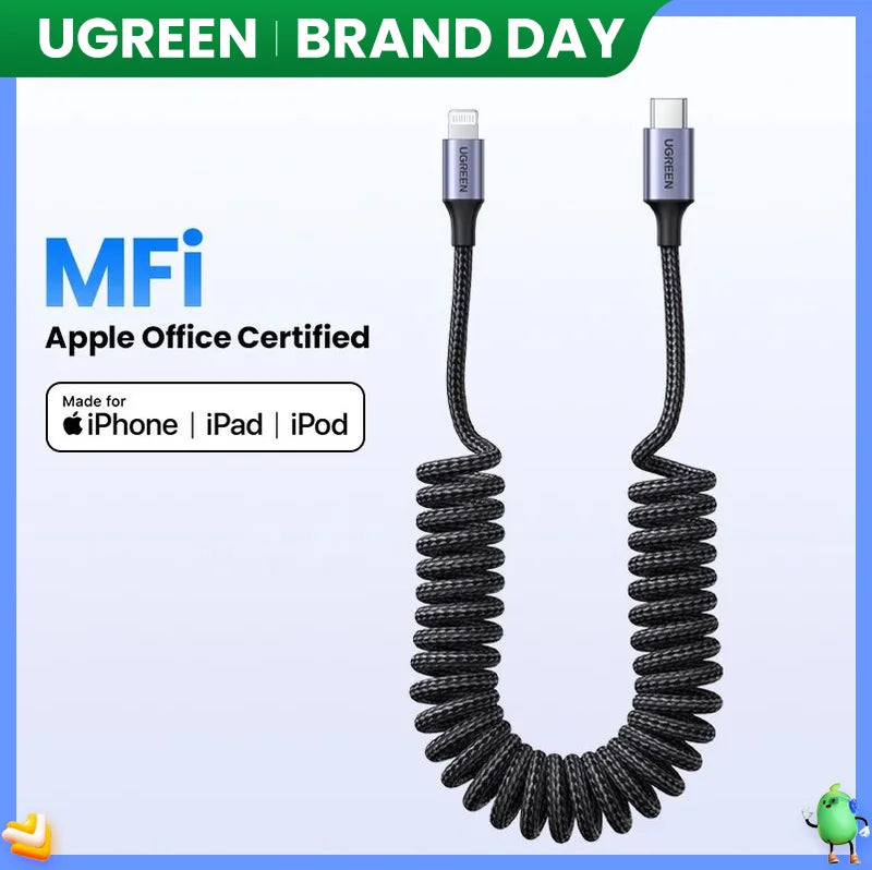 UGREEN MFi 3A USB C to Lightning Spring Cable for iPhone 14 13 12 Pro Max Fast Charging for iPad Type-C USB A Cable for Car
