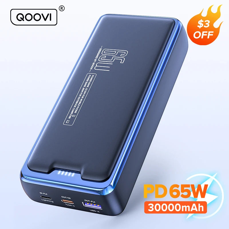 QOOVI Power Bank 30000mAh External Battery Capacity PD 65W Fast Charging Portable Charger Powerbank For Laptop iPhone Samsung